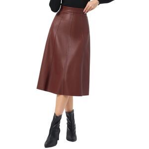 Women's Faux PU Leather Skirt Party A Line Midi Skirts Burgundy